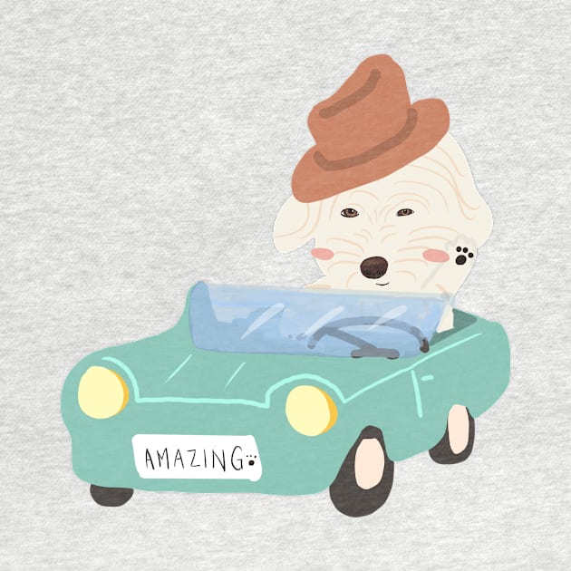 Maltipoo Dog Driving Retro Car Illustration by PatternbyNOK